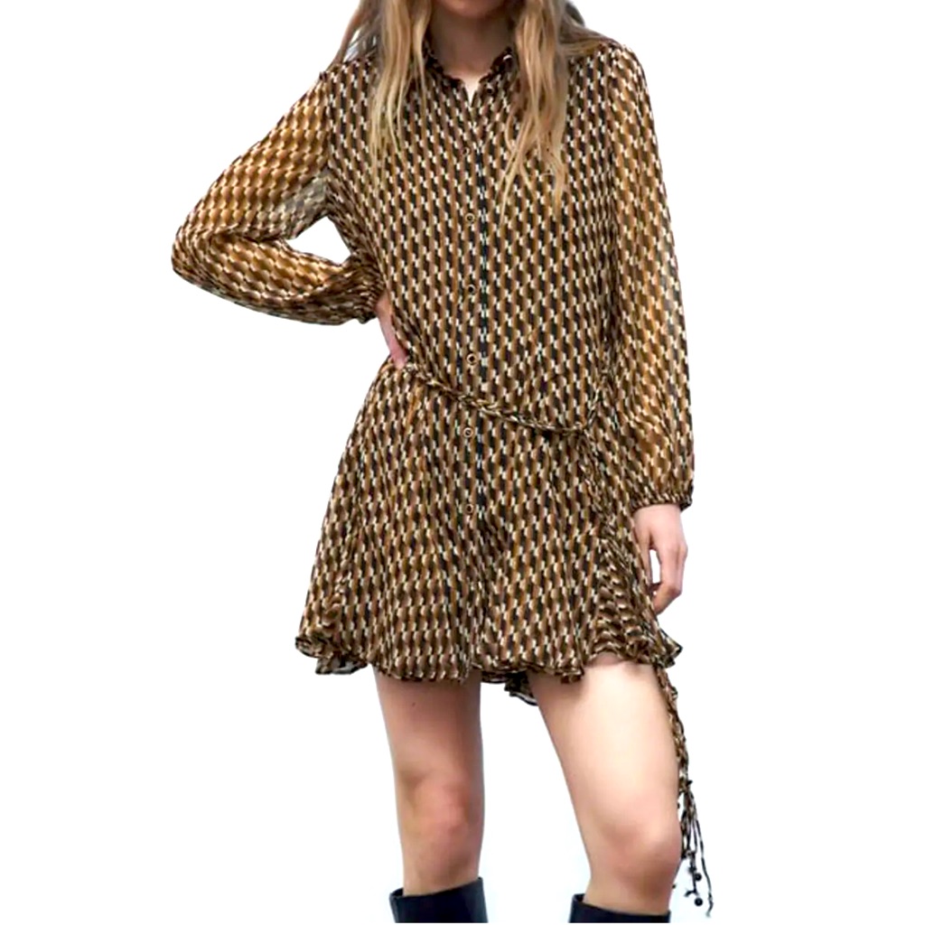 Zara Brown Sz M Retro Gold Lurex Voluminous Ruffle Hem Shirt Skater Short Dress